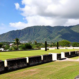 Caribbean Holidays, Haiti Family Holidays, Family exploring the Citadelle Laferri&egrave;re in northern Haiti, with green mountains, historic stone walls and a bright tropical sky