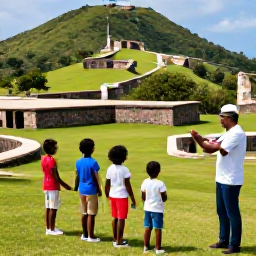 Caribbean Holidays, Haiti Family Holidays, Family exploring the historic Citadelle Laferri&egrave;re in Haiti, with green hills, stone fortifications and a knowledgeable local guide