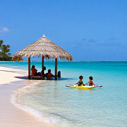 Caribbean Holidays, Haiti Family Holidays, Family-friendly Haitian coastline with calm clear water, children paddling and parents relaxing under shade