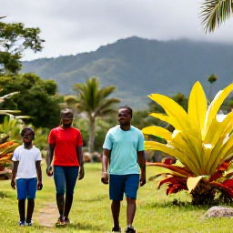 Caribbean Holidays, Haiti Family Holidays, Family walking through a lush Haitian nature area with tropical plants, gentle mountain scenery and a local guide