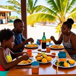 Caribbean Holidays, Haiti Family Holidays, Haitian family sharing a colourful local meal at a friendly outdoor restaurant, with fresh fruit, rice, vegetables and tropical surroundings