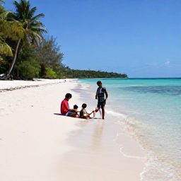 Caribbean Holidays, Haiti Family Holidays, Parents and children relaxing on a peaceful Haitian beach in March, with clear shallow water, soft sand and green tropical vegetation