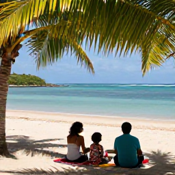 Caribbean Holidays, Haiti Family Holidays, Parents and children relaxing on a quiet Haitian beach in June, with safe swimming water, shaded palms and a picnic nearby