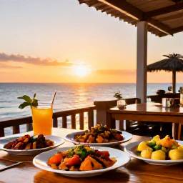 Caribbean Holidays, Haiti February Breaks, A Haitian restaurant terrace at sunset, with colourful local dishes, tropical drinks and a relaxed holiday atmosphere