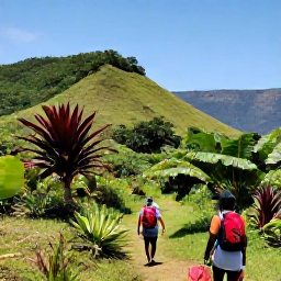 Caribbean Holidays, Haiti February Holidays, A couple hiking through lush Haitian mountain scenery with tropical plants, distant hills and a clear blue sky