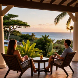 Caribbean Holidays, Haiti February Holidays, A couple relaxing at a comfortable Haiti hotel terrace overlooking tropical gardens and the Caribbean, with warm evening light