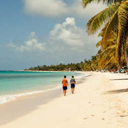 Caribbean Holidays, Haiti February Holidays, A couple walking along a quiet tropical beach in Haiti during a warm February afternoon, with turquoise water and palm trees