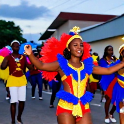 Caribbean Holidays, Haiti February Holidays, A family enjoying a colourful Haitian Carnival street parade at dusk, with musicians, dancers, bright costumes and festive decorations