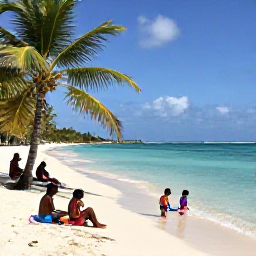 Caribbean Holidays, Haiti February Holidays, A family relaxing on a peaceful Haitian sandy beach in February, children paddling in turquoise water while adults sit beneath palm trees