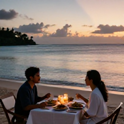 Caribbean Holidays, Haiti February Holidays, A romantic beachfront dinner for two in Haiti at sunset, with local dishes, candles and calm Caribbean sea