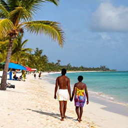 Caribbean Holidays, Haiti February Holidays, A welcoming Haitian family walking beside a bright Caribbean beach in warm February sunshine, with palm trees, clear water and colourful local life