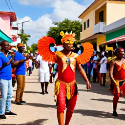 Caribbean Holidays, Haiti February Holidays, Colourful Haitian carnival procession in Jacmel with masked performers, musicians and lively street crowds under warm February sunshine