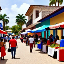 Caribbean Holidays, Haiti February Holidays, Colourful Haitian street scene with local market stalls, tropical produce, historic buildings and visitors exploring in warm February sunshine