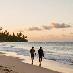 Caribbean Holidays, Haiti February Holidays, Couple walking along a quiet Haitian beach at sunset in February, with gentle waves, warm light and a peaceful tropical setting
