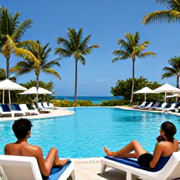 Caribbean Holidays, Haiti February Holidays, Guests relaxing beside a tropical pool at a Haitian all-inclusive resort, with palm trees, sun loungers and a clear blue sky