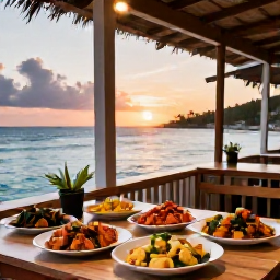 Caribbean Holidays, Haiti February Holidays, Haitian coastal restaurant at sunset in February, serving fresh seafood and colourful local dishes beside the sea