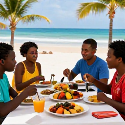 Caribbean Holidays, Haiti February Holidays, Haitian family enjoying traditional food at a relaxed outdoor table, with colourful local dishes, tropical fruit and welcoming island surroundings