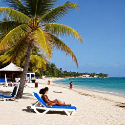 Caribbean Holidays, Haiti February Holidays, Travellers relaxing on a palm-fringed Haitian beach in February, with clear water, sun loungers and a small beach caf&eacute;