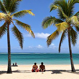 Caribbean Holidays, Haiti February Tours, Quiet tropical beach near Jacmel, Haiti, with palm trees, turquoise water and a few relaxed travellers enjoying the February sunshine