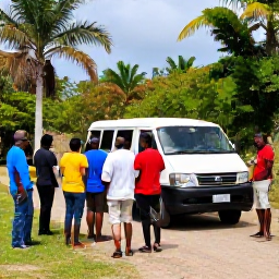 Caribbean Holidays, Haiti February Tours, Small group of travellers meeting a professional local guide in Haiti, with a comfortable vehicle and tropical scenery nearby