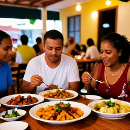 Caribbean Holidays, Haiti February Trips, Friendly Caribbean restaurant in Haiti serving colourful local dishes, with warm evening light and relaxed diners