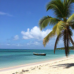 Caribbean Holidays, Haiti February Trips, Quiet Haitian beach with clear turquoise water, green palms and a small boat on a sunny February afternoon