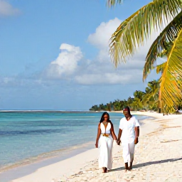 Caribbean Holidays, Haiti February Weddings, A newly married couple walking along a sunlit tropical beach in Haiti in February, with calm turquoise water and palm trees