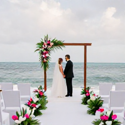 Caribbean Holidays, Haiti February Weddings, Elegant seaside wedding ceremony in Haiti, with white chairs, simple tropical flowers and a couple standing beneath a decorated arch