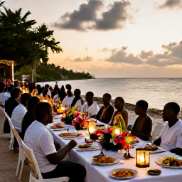 Caribbean Holidays, Haiti February Weddings, Haitian wedding reception at sunset with long tables, lanterns, tropical flowers and guests enjoying local food beside the sea