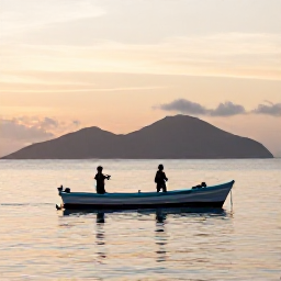 Caribbean Holidays, Haiti Fishing, Angler aboard a small boat at sunrise on the Caribbean Sea off Haiti, with distant mountains