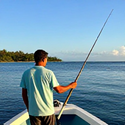 Caribbean Holidays, Haiti Fishing April, Friendly local fishing guide preparing rods on a boat beside the Haitian coastline in clear morning light