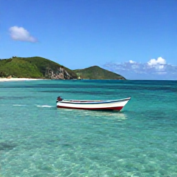 Caribbean Holidays, Haiti Fishing April, Small fishing boat heading across clear Caribbean water near Haiti, with green hills and a sunny coastal horizon