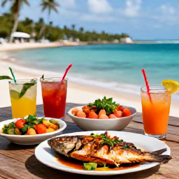 Caribbean Holidays, Haiti Fishing December, A relaxed seaside lunch with fresh grilled fish, colourful Haitian side dishes and cold drinks near a tropical harbour