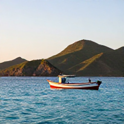 Caribbean Holidays, Haiti Fishing December, A small fishing boat on calm turquoise Caribbean water off the Haitian coast at sunrise, with rugged green hills in the distance