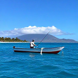 Caribbean Holidays, Haiti Fishing December, Angler casting from a sturdy boat in clear blue Caribbean water, with a dramatic Haitian coastline and distant mountains behind