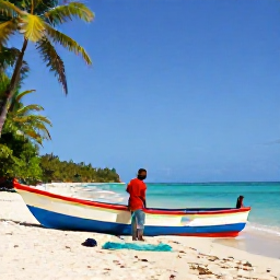 Caribbean Holidays, Haiti Fishing December, Local Haitian fishermen preparing brightly painted wooden boats and fishing nets beside a tropical beach in December
