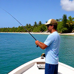 Caribbean Holidays, Haiti Fishing February, A friendly local fishing guide showing an angler how to cast from a boat near Haiti&rsquo;s tropical coastline