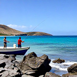Caribbean Holidays, Haiti Fishing February, Angler casting from a well-equipped boat near the rugged Haitian coastline, with clear blue sea and distant hills