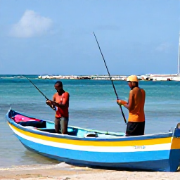 Caribbean Holidays, Haiti Fishing February, Local Haitian fishermen preparing rods and tackle beside a colourful wooden boat on a sunny Caribbean harbour