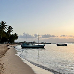 Caribbean Holidays, Haiti Fishing February, Peaceful Haitian beach and fishing harbour at sunset, with boats resting on calm water and palm trees along the shore