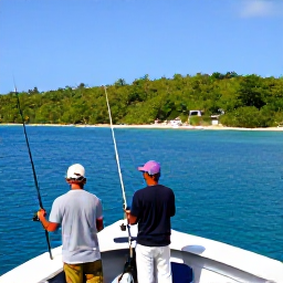Caribbean Holidays, Haiti Fishing February, Relaxed anglers enjoying a sunny fishing day with Haiti&rsquo;s green coastline and clear blue sea in the background