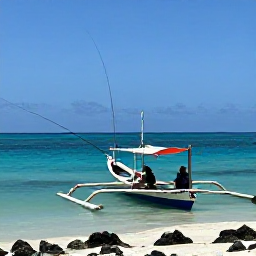 Caribbean Holidays, Haiti Fishing January, Angler casting from a traditional boat near a rocky Haitian shoreline with clear blue sea