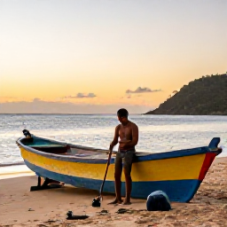 Caribbean Holidays, Haiti Fishing January, Angler preparing fishing tackle beside a colourful wooden boat on a Haitian beach at sunrise