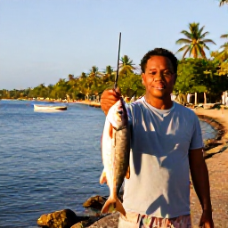 Caribbean Holidays, Haiti Fishing January, Relaxed angler holding a freshly caught fish beside a quiet Haitian fishing harbour, with palm trees and warm afternoon light