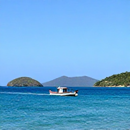 Caribbean Holidays, Haiti Fishing January, Small fishing charter travelling across bright blue Haitian sea with distant green hills and a clear January sky