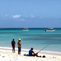 Caribbean Holidays, Haiti Fishing January, Travellers relaxing beside a quiet Haitian beach after a day's fishing, with fishing boats in the background