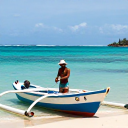 Caribbean Holidays, Haiti Fishing July, Friendly local fishing guide preparing rods and bait beside a traditional Haitian boat in a sunny harbour