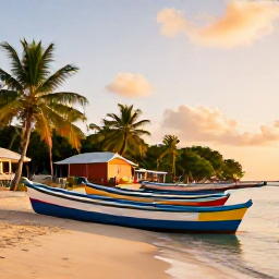 Caribbean Holidays, Haiti Fishing July, Haitian seaside village at golden hour with colourful boats, palm trees and a relaxed Caribbean atmosphere