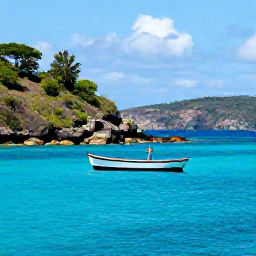 Caribbean Holidays, Haiti Fishing July, Small fishing boat travelling across bright blue Caribbean water near Haiti, with rocky coastline and tropical hills under a July sky