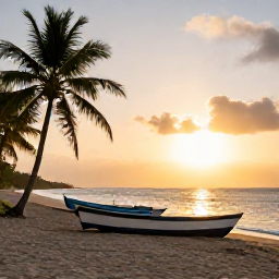 Caribbean Holidays, Haiti Fishing June, A peaceful Haitian beach at sunset with fishing boats pulled up on the sand, palm trees and warm golden light